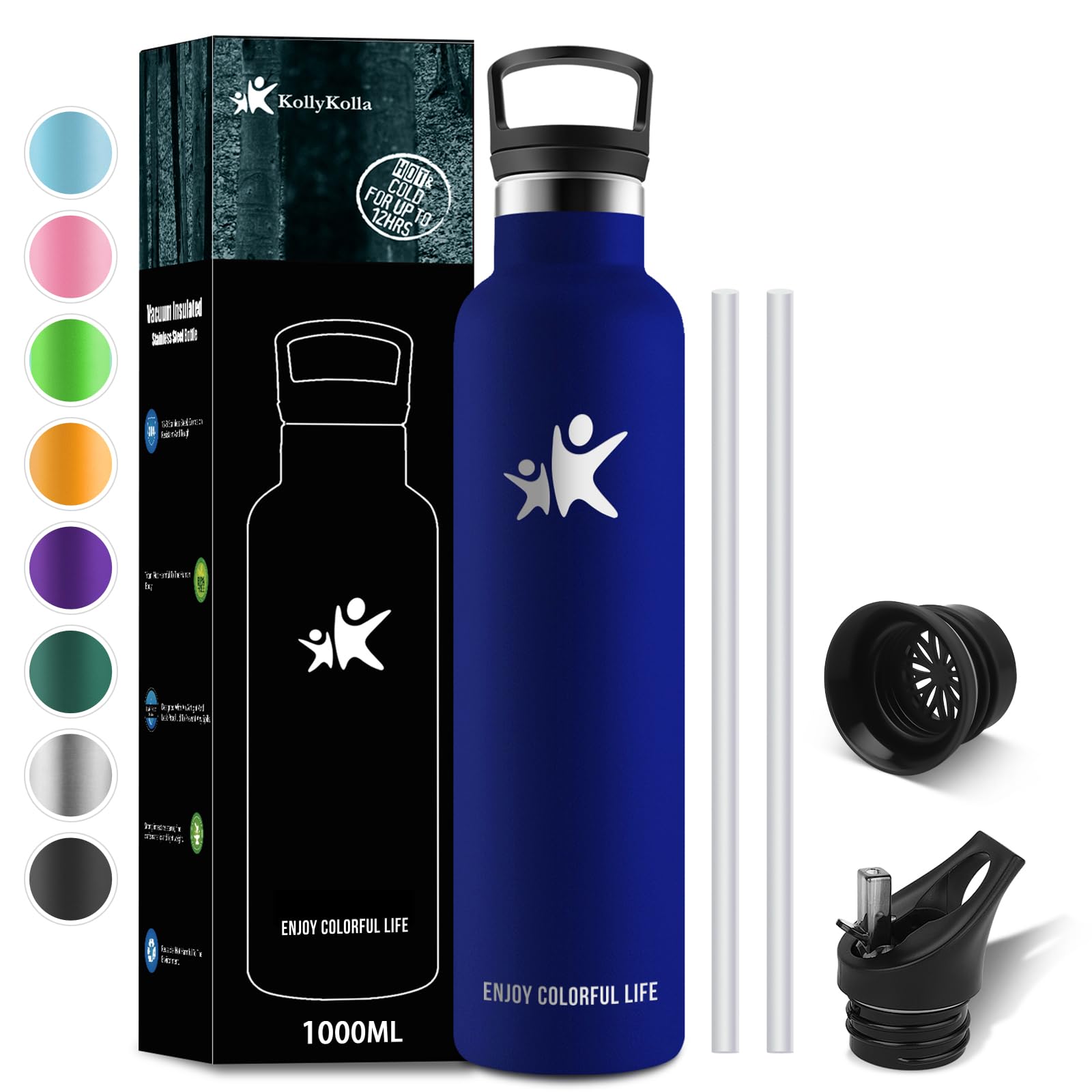 KollyKolla Gourde Enfant 500 Ml Avec Paille – Bouteille Sport Anti-Fuite, Marqueur Temps & Motivante – Idéale École, Vélo, Camping